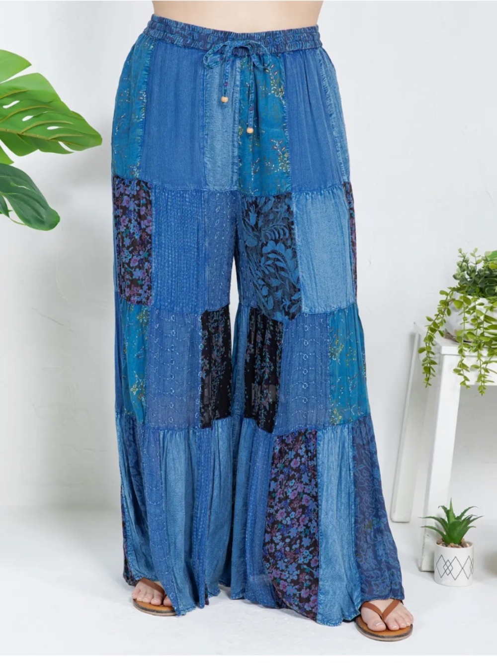 YOUNG THREADS Retro Revival Long Flared Patchwork Pants - DENIM BOHO STYLE XL-3X